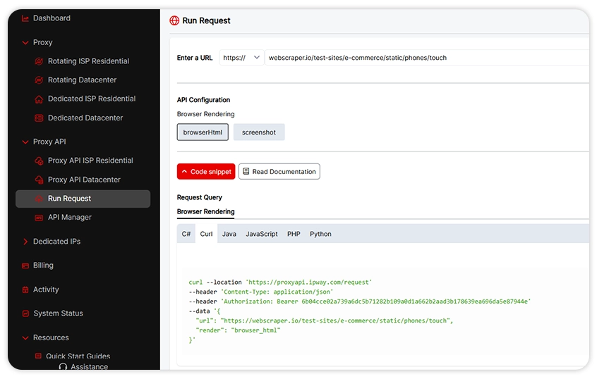Code snippet showing a proxy request with headers and parameters