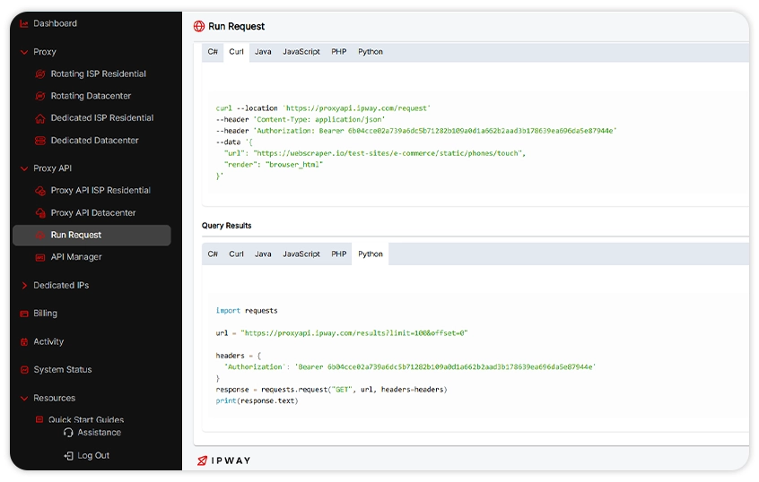 Example of a rendered request using the IPWAY proxy API